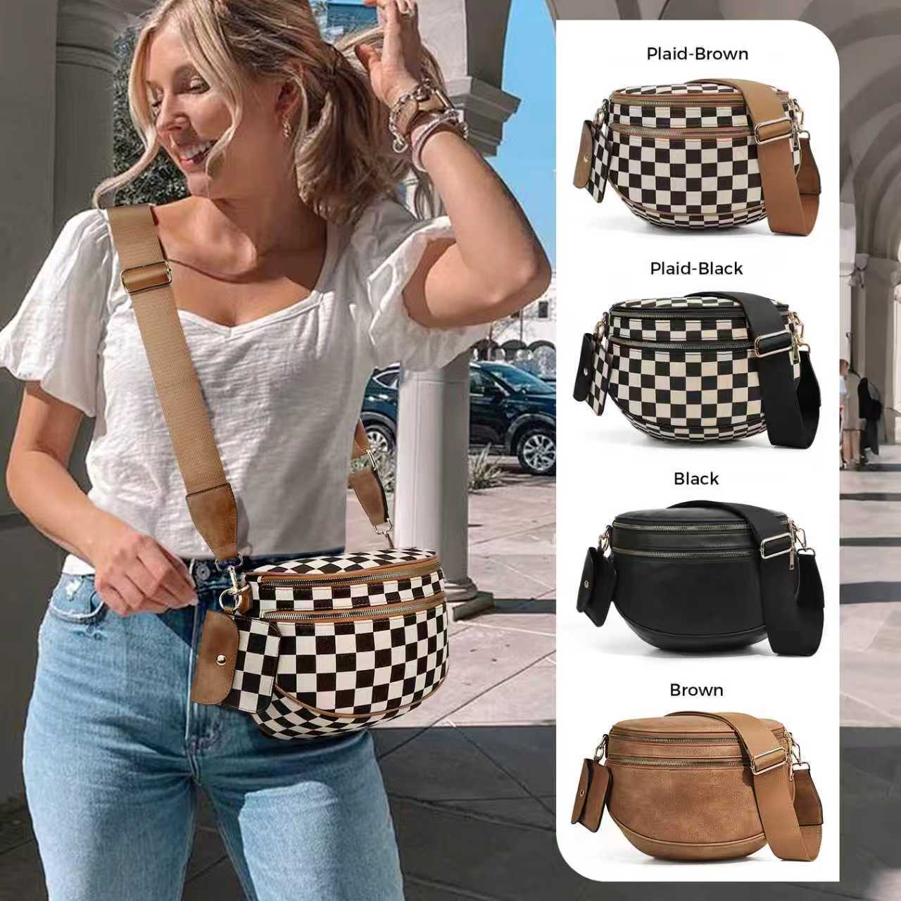 Checkered Crossbody Bag with Adjustable Strap
