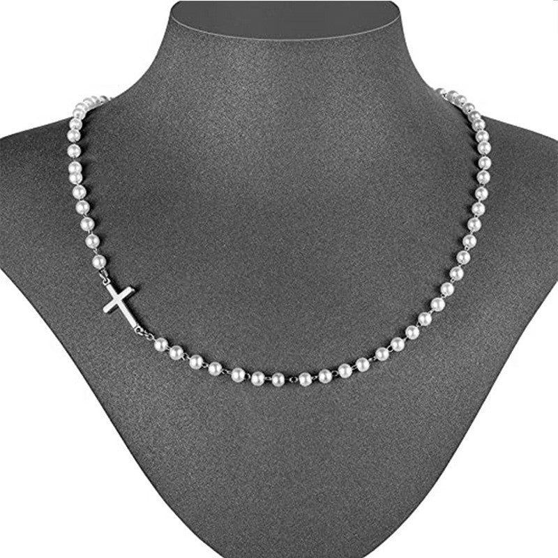 Adjustable Cross Pendant Pearl Chain Necklace