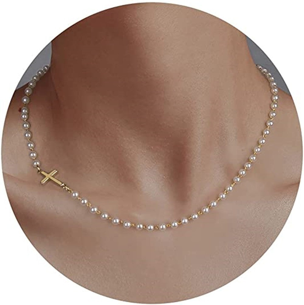 Adjustable Cross Pendant Pearl Chain Necklace