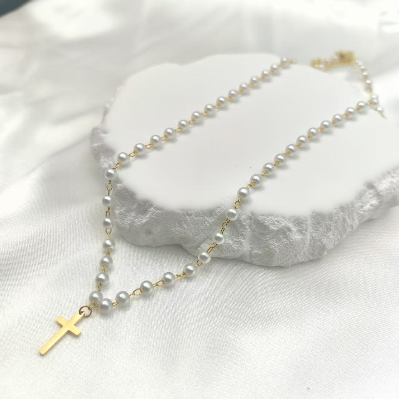 Adjustable Cross Pendant Pearl Chain Necklace